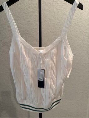 Cream Cable-Knit V-Neck Tank Top with Green Stripe Hem